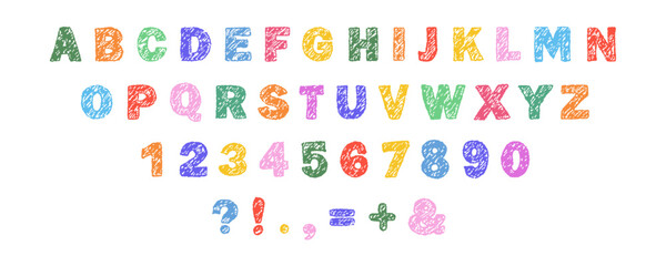 English alphabet crayon. Colorful and bold typescript font. Hand drawn pencil letters and numbers. Vector illustration.