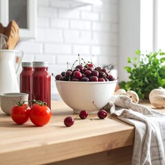 A kitchen counter displays a bowl of cherries, two red juice bottles, tomatoes, mushrooms and fresh greens next to a white brick wall