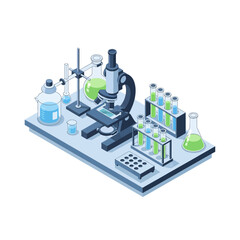 Obraz premium Isometric illustration of a science laboratory with microscope, test tubes, beakers, and various chemical equipment on a lab bench.