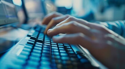 Digital Interface: Hands typing intently on a keyboard, illuminated by a cool, blue light, signifying technology, communication, and information access. - Powered by Adobe