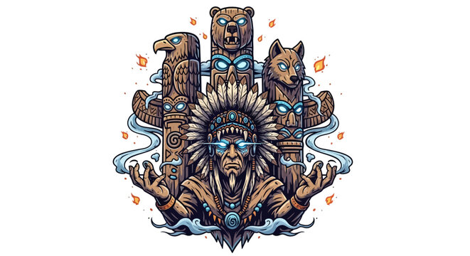 Vibrant Native American totem pole with eagle, bear, wolf, and chief