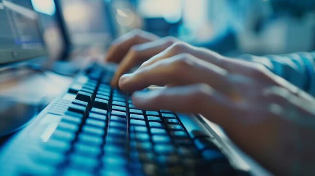 Digital Interface: Hands typing intently on a keyboard, illuminated by a cool, blue light, signifying technology, communication, and information access.