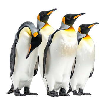A striking portrait of four King Penguins isolated against a solid black background.