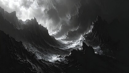 Dramatic monochrome rendering of a mountain range beneath stormy skies