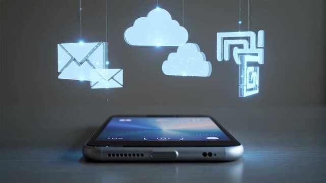 Smartphone with cloud and email icons, digital communication concept