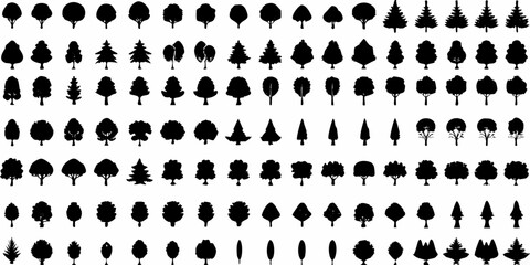 A collection of various stylized tree silhouettes against a white background © Sudhakar