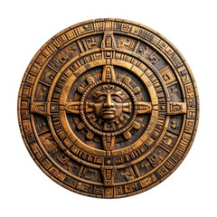 A highly detailed, bronze representation of the ancient Aztec Sun Stone calendar against a stark black background.