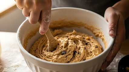 Fototapeta premium Hands Mixing Dough in a Bowl for Baking, Culinary Preparation Process