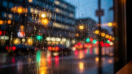 Obraz premium Rainy City Night - A Window View of Blurred Lights.