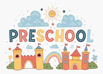 Cheerful preschool design with castles, rainbow, and sunshine perfect for welcoming young learners to a colorful and imaginative educational environment