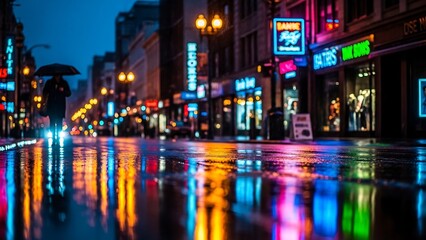 Obraz premium Rainy Night Cityscape - Reflections of Light and Urban Life.