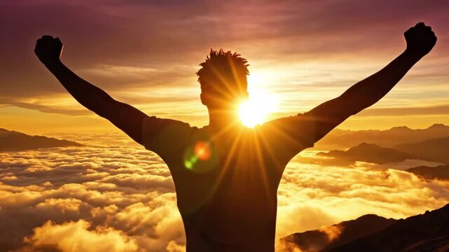 Silhouette of a triumphant man with arms raised standing on a mountain peak above clouds at sunset
