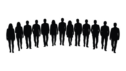 A line of people walking forward depicted as a bold black silhouette