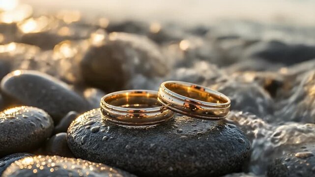 A captivating close-up shot displays two radiant golden rings resting on a smooth, dark, wet stone, bathed in the warm, golden light of dawn or dusk. The surrounding pebbles are equally glistening, wi