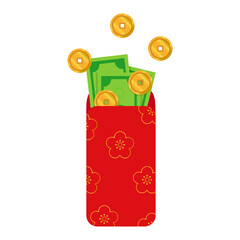 Luxury Chinese red envelope for lunar new year, gold floral design for money and coin pocket. Hongbao, Angpao icon clipart.