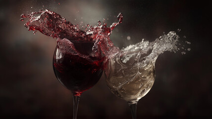 Dramatic Wine Splash of Red and White Wine in Glassware