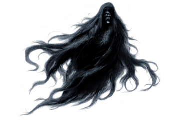 Dark phantom ghost entity appearing with flowing hair and glowing eyes on transparent background for halloween horror concept