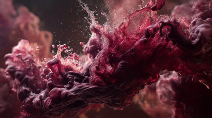 Detailed Fluid Dynamics of Red Wine Splash on Dark Background