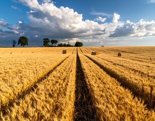 Golden wheat field with tractor tracks under a blue sky with fluffy white clouds