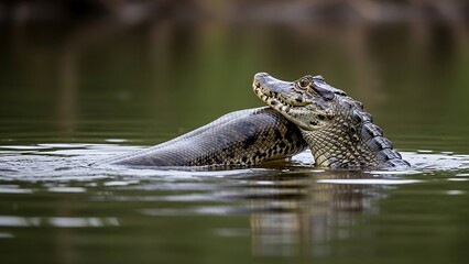 Naklejka premium Spectacled Caiman devouring an Anaconda in the Amazon River.