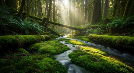 Sunlit Stream Through Lush Mossy Forest - A Tranquil Nature Scene.