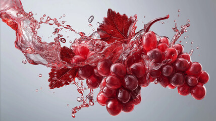 Dynamic Red Wine Splash with Fresh Grapes and Leaves on a Neutral Background