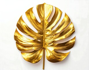 A large, highly reflective gold-colored tropical leaf, possibly Monstera, rests against a plain white background. The image has high contrast