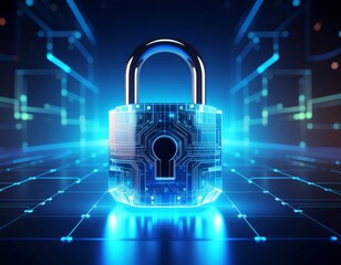Futuristic Glass Padlock Cybersecurity Digital Protection Concept