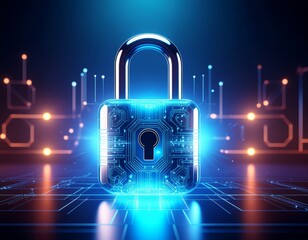 Futuristic Glass Padlock Cybersecurity Digital Protection Concept