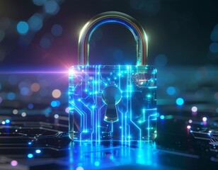 Futuristic Glass Padlock Cybersecurity Digital Protection Concept