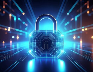 Futuristic Glass Padlock Cybersecurity Digital Protection Concept