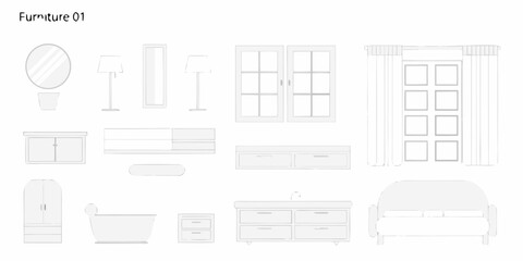 Line drawing of various furniture items for home interior design concepts
