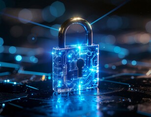 Futuristic Glass Padlock Cybersecurity Digital Protection Concept