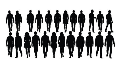 A diverse group of people walking forward depicted as a striking black silhouette © BIPUL