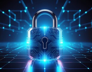 Futuristic Glass Padlock Cybersecurity Digital Protection Concept