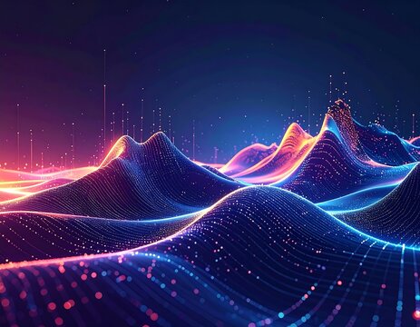 Digital waves of light and data in a vibrant, futuristic landscape - Powered by Adobe