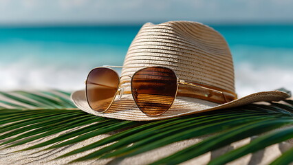 a hat and sunglasses resting on a palm leaf. summer vacation