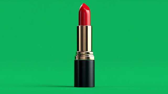 A timeless symbol of glamour and confidence, a vibrant red lipstick in an elegant tube stands boldly against a clean green background, embodying classic beauty essentials