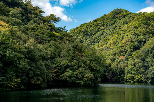 穏やかな布引貯水池と山