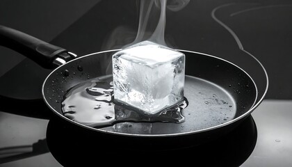 A large ice cube melts in a frying pan on a stovetop, with rising vapor visible. The scene is shot in stark black and white