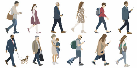 Fototapeta premium Diverse group of people walking illustrated in a minimalist flat design style