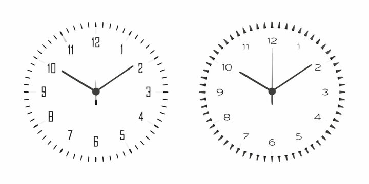Two analog clocks displaying different times on a white background
