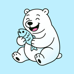 Fototapeta premium Cute polar bear cartoon holding a fish with a happy expression. Simple flat illustration, perfect for kids designs, animal characters, stickers, storybooks, and playful graphic projects.