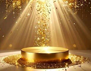 Golden stage with confetti and bright spotlights shining down