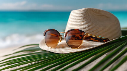 a hat and sunglasses resting on a palm leaf. summer vacation