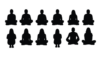 Diverse group of people in meditative poses presented as a striking black silhouette © BIPUL