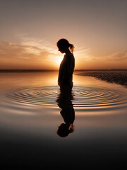 silhouette of a person stands on a beach as the sun sets. self reflection concept
