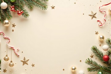 Christmas decorations frame a blank beige background with fir branches, ornaments, and candy canes around the edges.
