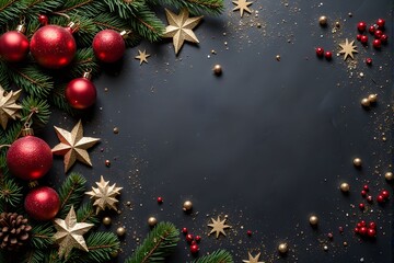 Red and gold Christmas ornaments and evergreen branches are arranged decoratively around the edges of a dark background.