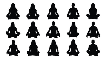 Collection of various people meditating in lotus position depicted as a striking silhouette